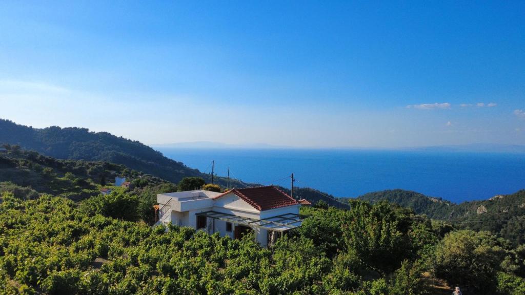 a house on a hill with the ocean in the background at Manolates 360 in Manolátes
