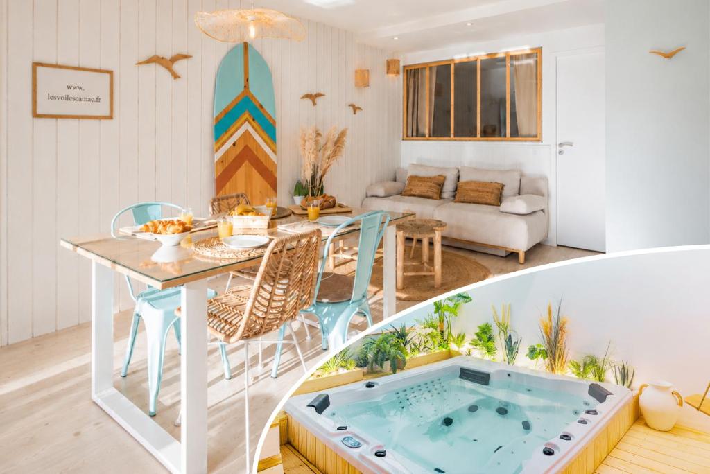 a living room with a table and a swimming pool at Appart'Hôtel & Spa "Les Voiles" Belle Île en Mer in Carnac