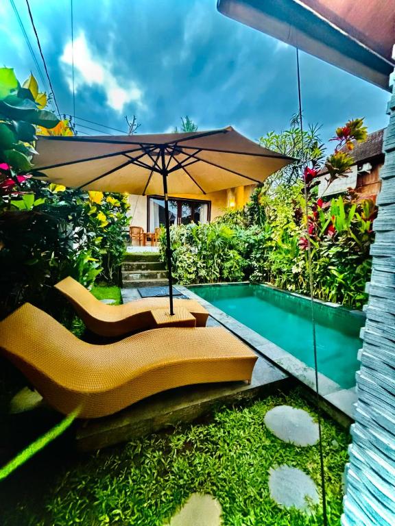a garden with chairs and an umbrella and a swimming pool at pondok ubud nia cahya in Tegalalang