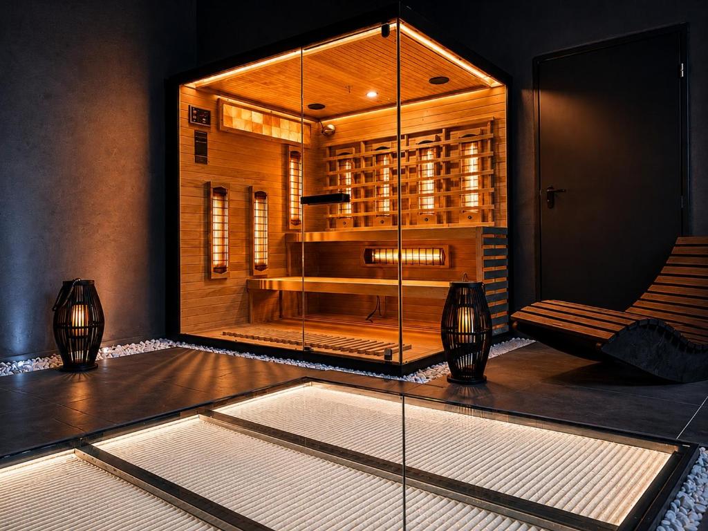 a glass room with a wine cellar with a bench at INSEN Apartamenty Manufaktura Sauna i Masaże Apartament Superior in Łódź
