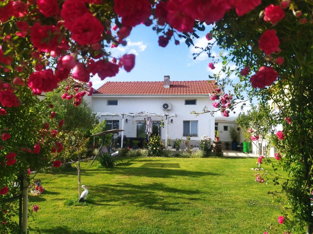 a house with a yard with red flowers at Къща за гости ИЛТА in Novo Delchevo