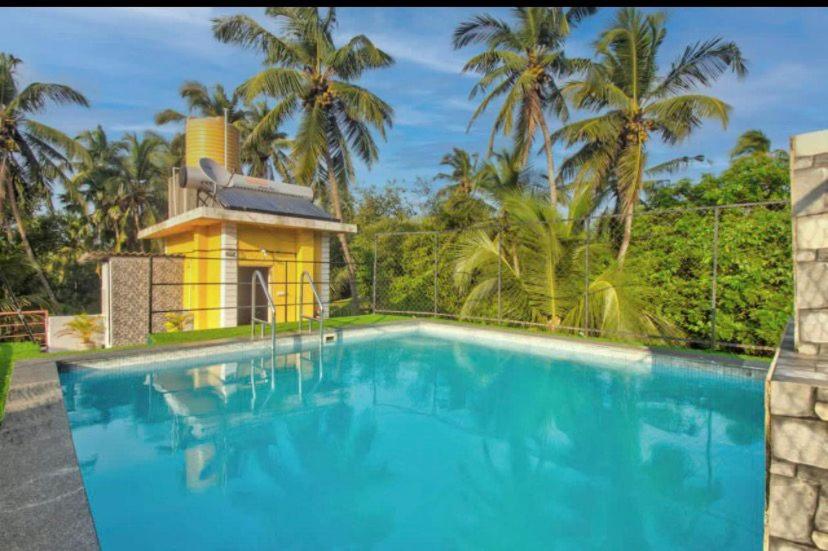 a swimming pool in front of a house with palm trees at Sevrina Beach Inn Calangute in Calangute