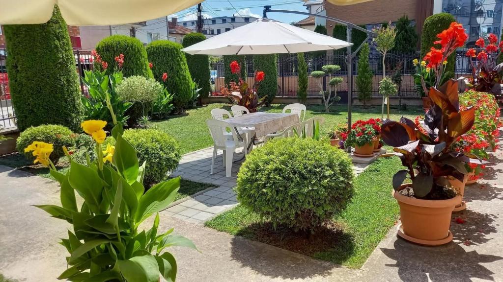 a garden with a table and some plants and an umbrella at Villa Marija in Struga