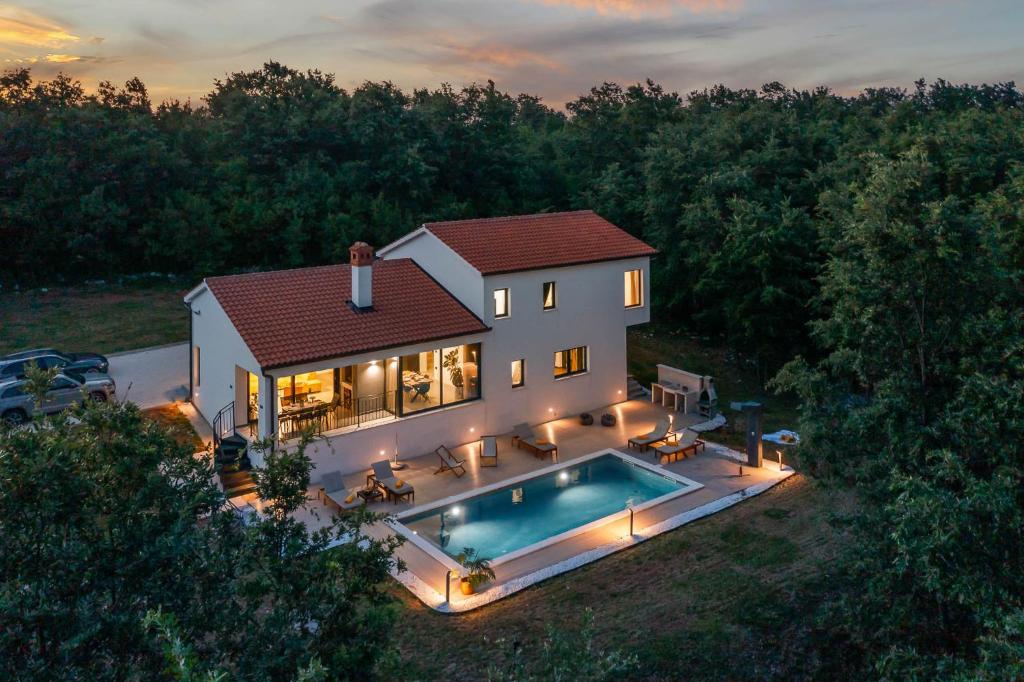 Luftaufnahme eines Hauses mit Swimmingpool in der Unterkunft Vila Prisunca with jacuzzi & swimming pool in Pazin