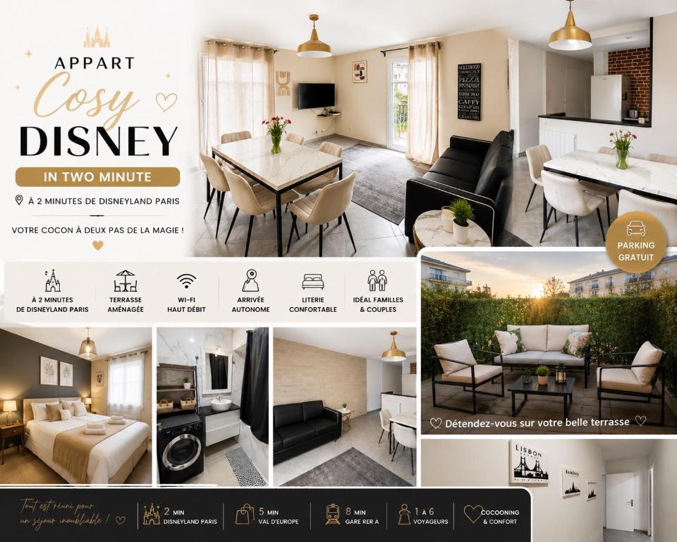 a collage of photos of a living room and dining room at Cosy home Disney in Two min in Chessy