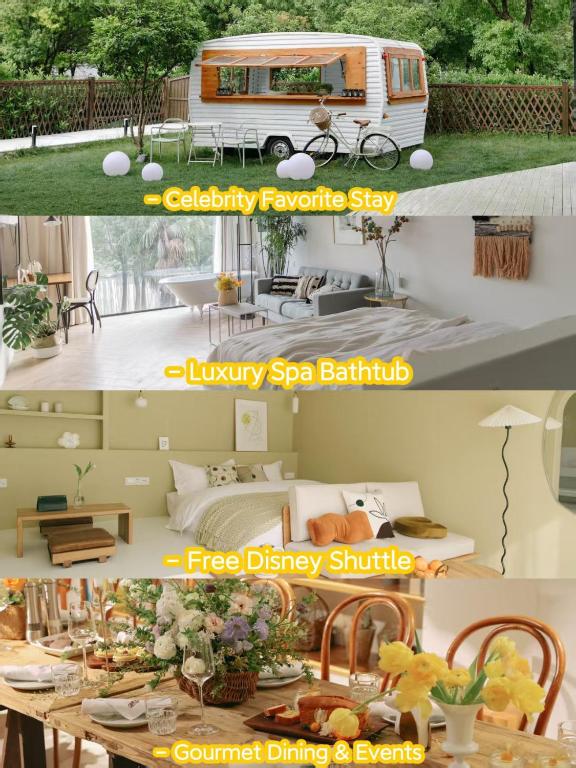 a collage of photos of an rv and a living room at 不觉晓晨曦花园别墅 Bujuexiao Dawn Garden Villa Shanghai - Free daily shuttle bus to Disneyland, exquisite and beautiful garden courtyard, private spa bathtub in each room, hearty daily breakfast provided for all guests in Shanghai