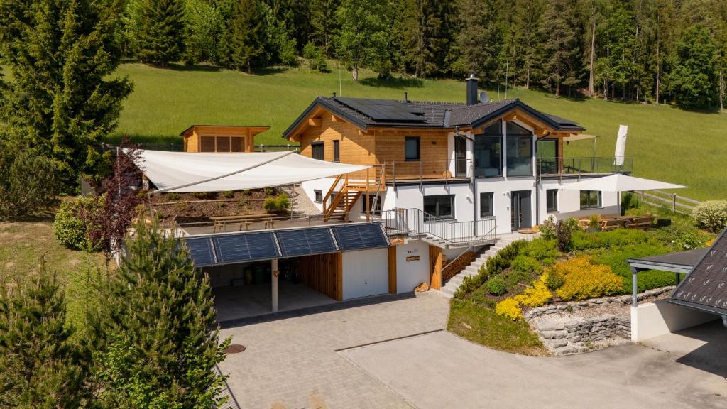 an aerial view of a house with a tent at Austrian Alpine Apartments in Ramsau am Dachstein