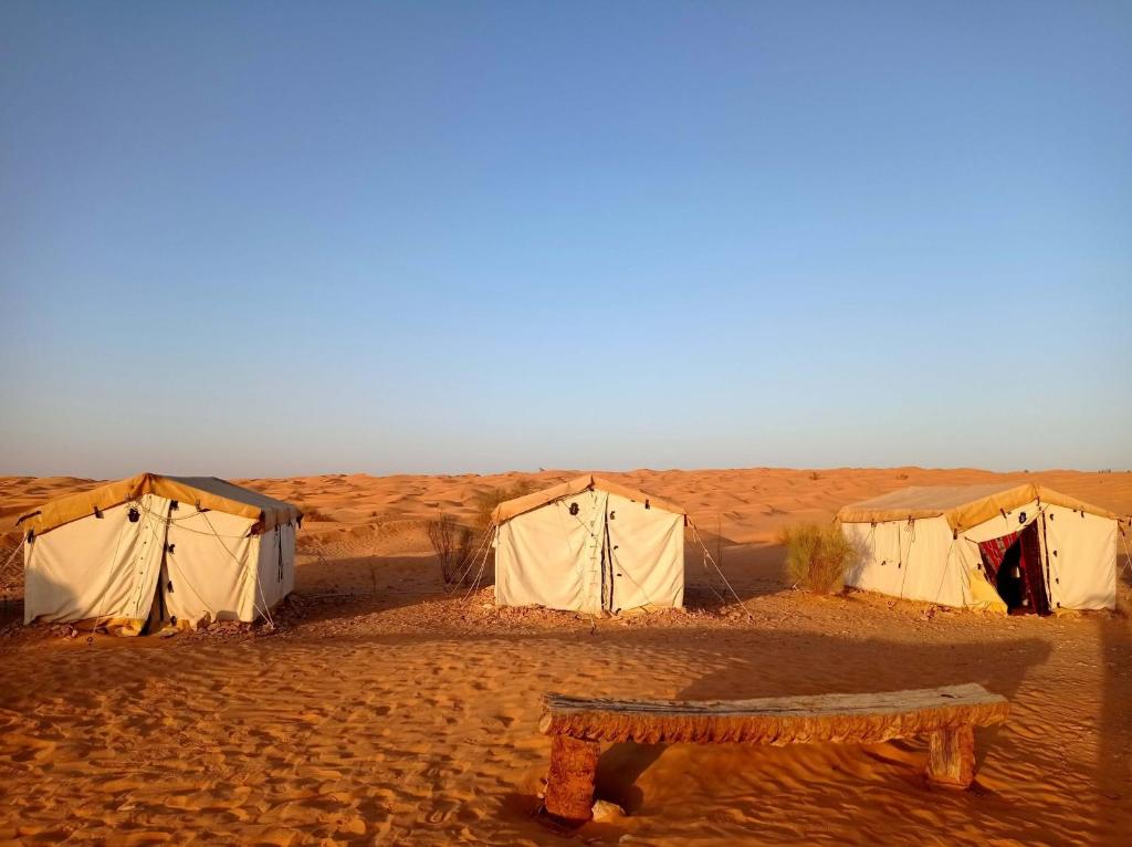 a group of tents in the desert with a bench at Camping nature in Jeradat