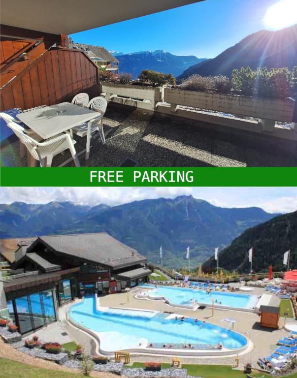 a collage of two pictures of a water park at Centre Thermal - Studio SUD avec grande terrasse in Ovronnaz
