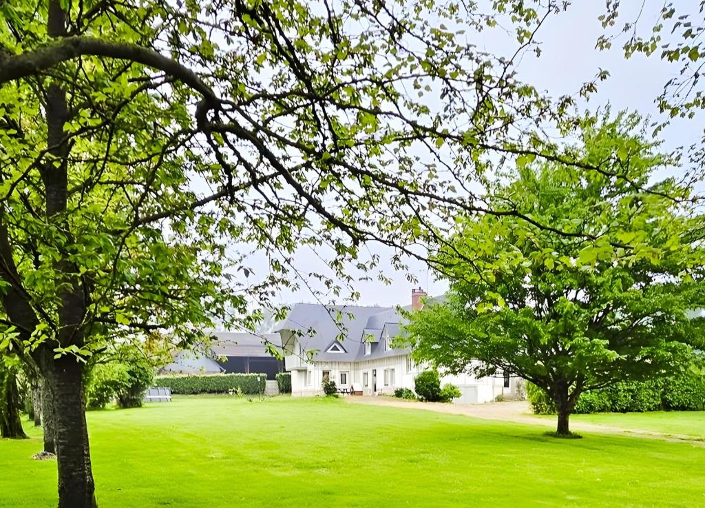 a large white house with trees in a green yard at Le Clos des Argillières in Le Perrey