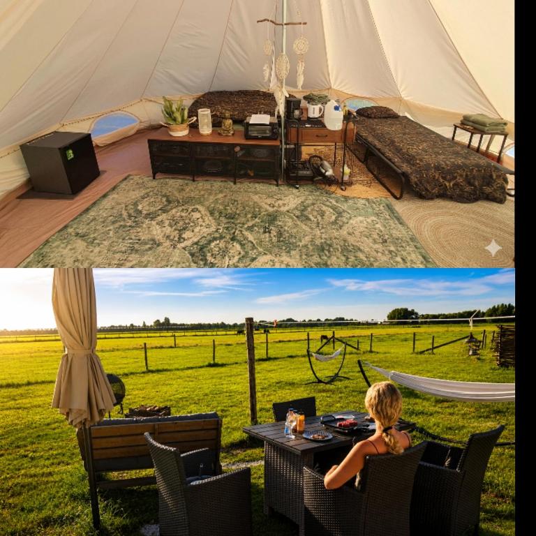 two pictures of a tent with a woman sitting at a table at Bell-tent Rosa met uitzicht in Hensbroek