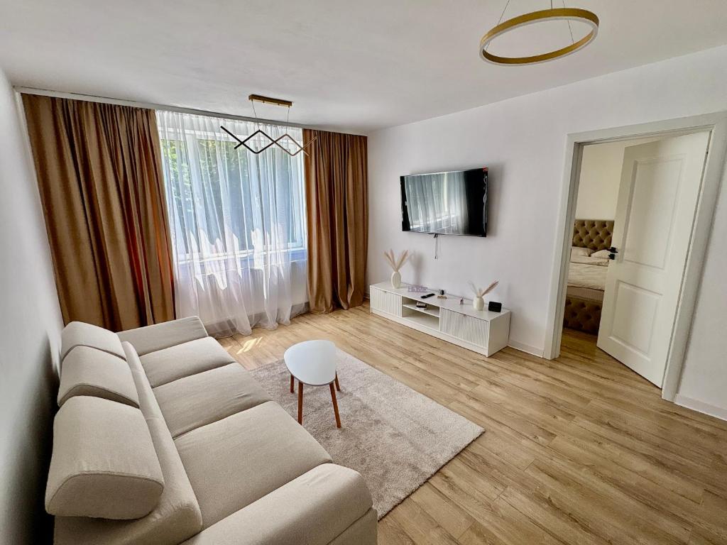 a living room with a couch and a tv at Caro Central Apartament 3 Camere in Râmnicu Vâlcea