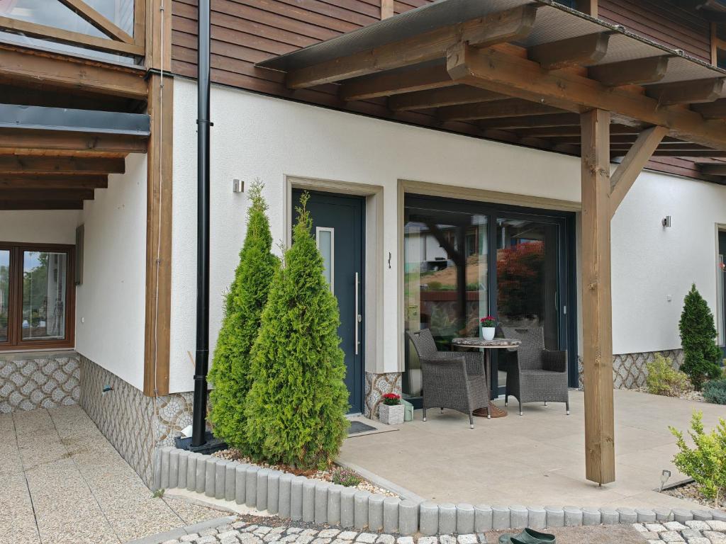 a porch of a house with a blue door at Apartman Leo in Mariánské Lázně