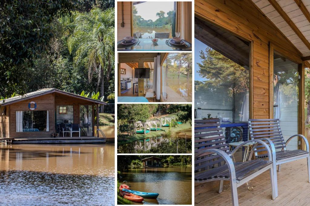 a collage of pictures of a house on a river at Quinta do Vale: Casa flutuante, 90km de SP - Lago, cascata, piscina, tranquilidade in Itatiba