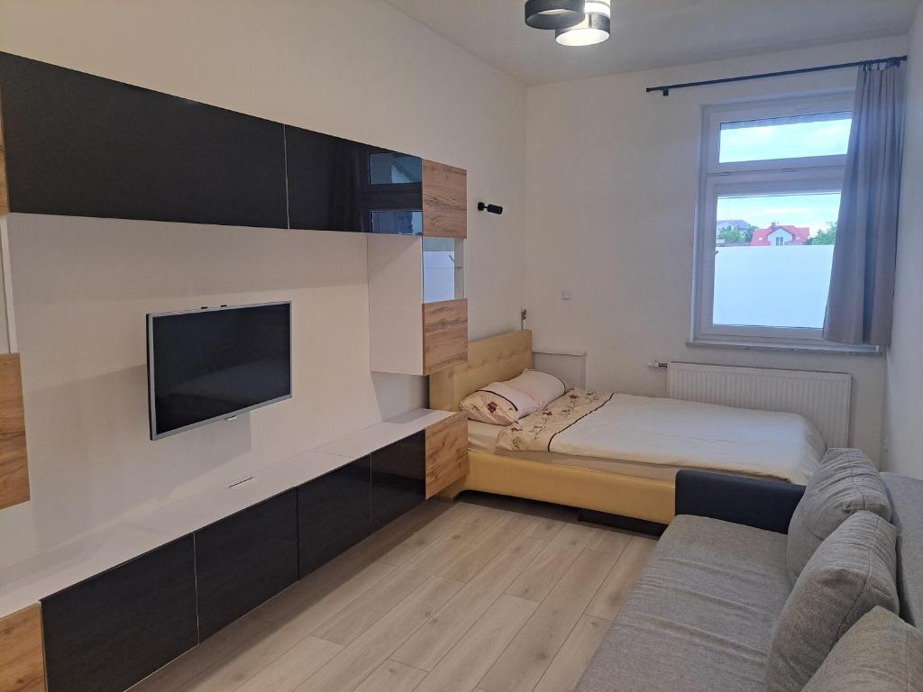 a small room with a bed and a television at Lunar Apartament in Augustów
