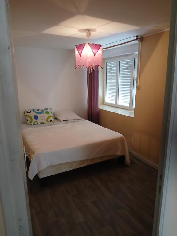 a small bedroom with a bed with a pink canopy at Appartement entier in Montmarault