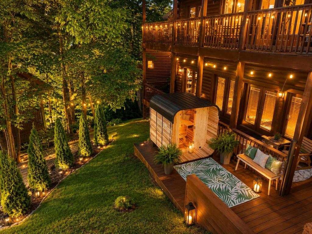 an aerial view of a backyard at night with lights at Private Sauna Cabin Sleeps 34 Game Rooms in Pigeon Forge