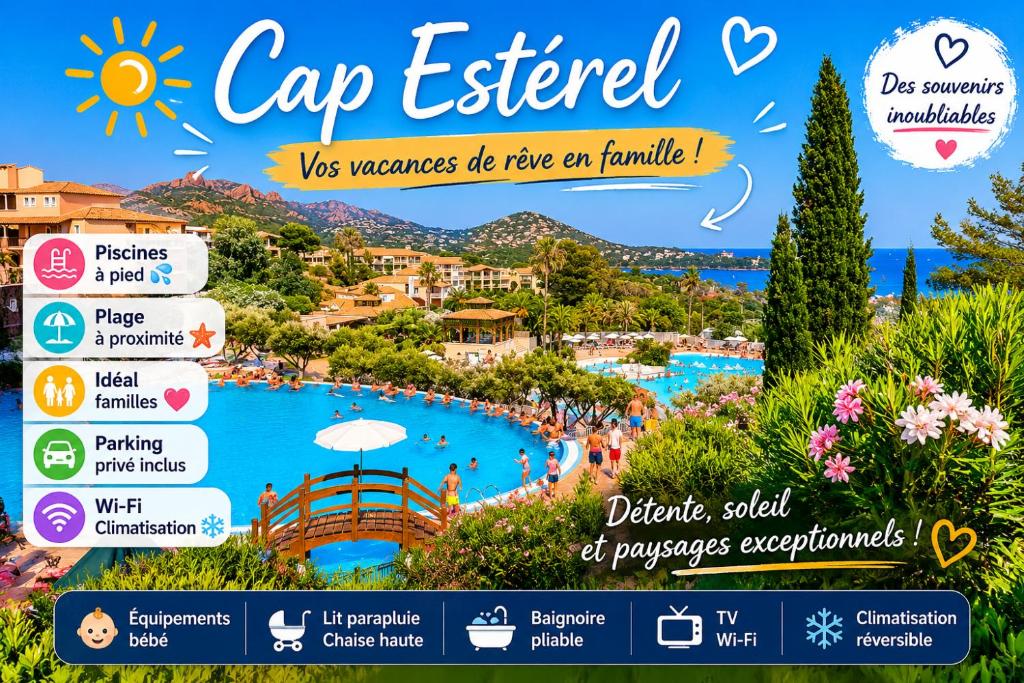 a poster of a pool at a resort at Superbe studio 4/5 pers dans résidence cap esterel in Agay - Saint Raphael