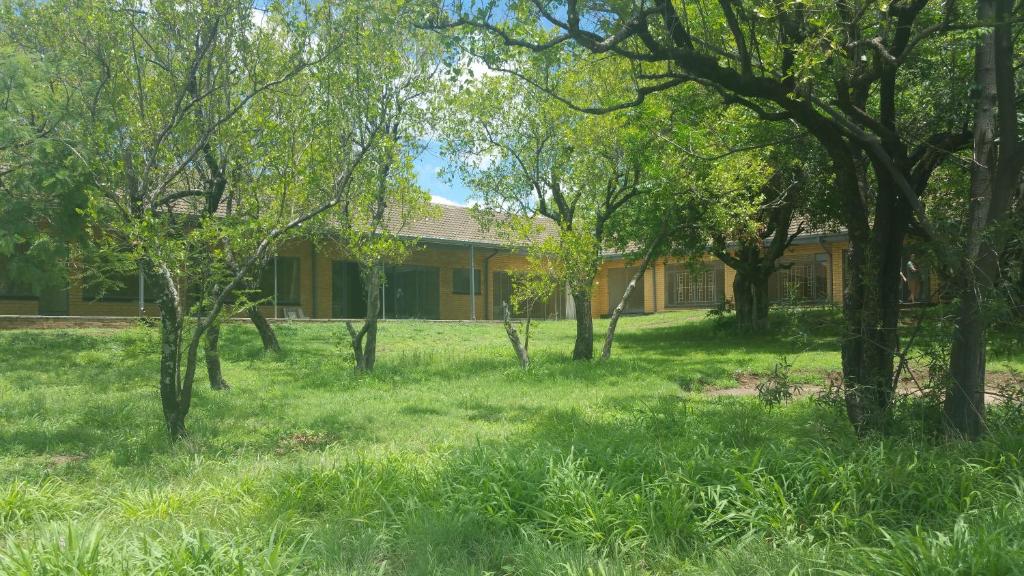 a house in the middle of a yard with trees at Tambuki Backpackers & Self-catering - Dinokeng in Hammanskraal