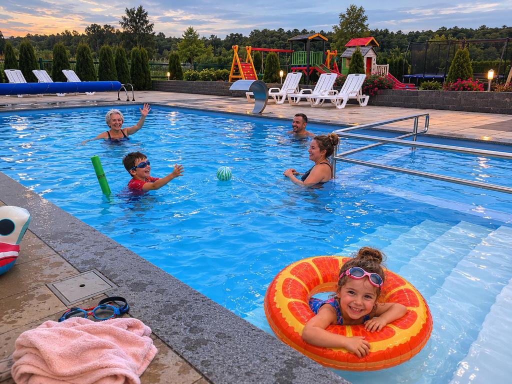 a group of people swimming in a swimming pool at Domki La Plata in Łeba