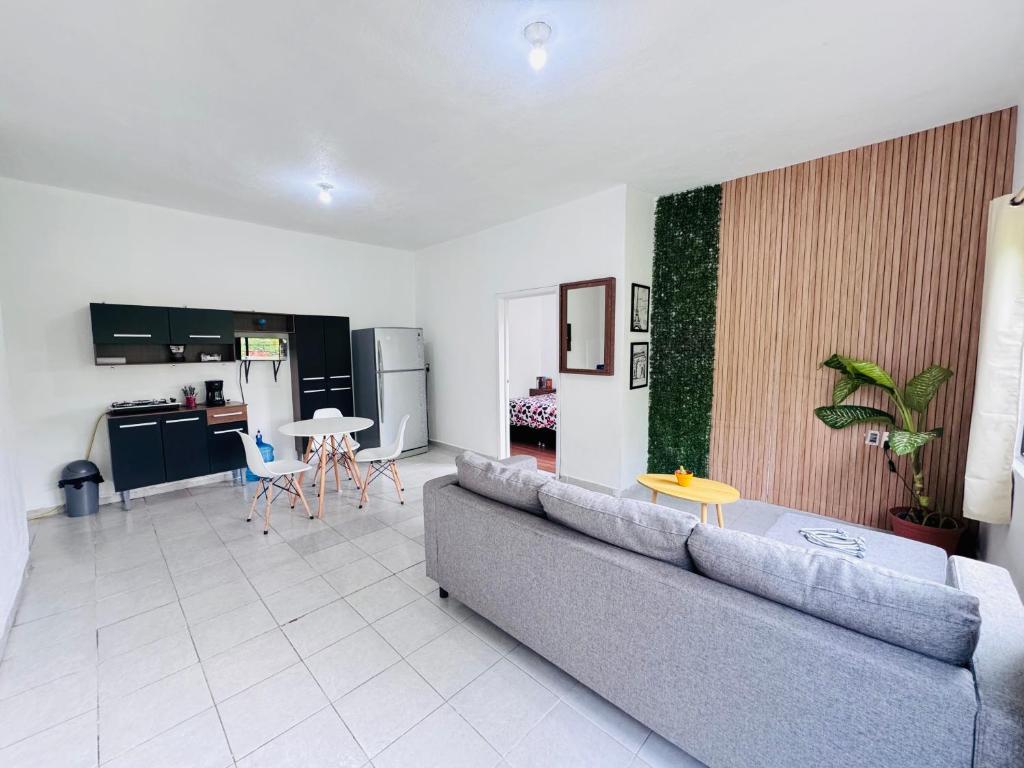 a living room with a couch and a kitchen at Loft Mango in Tuxtla Gutiérrez