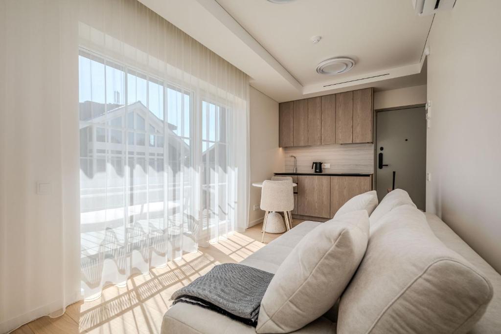 a living room with a couch and a large window at Nida Breeze Apartments in Neringa