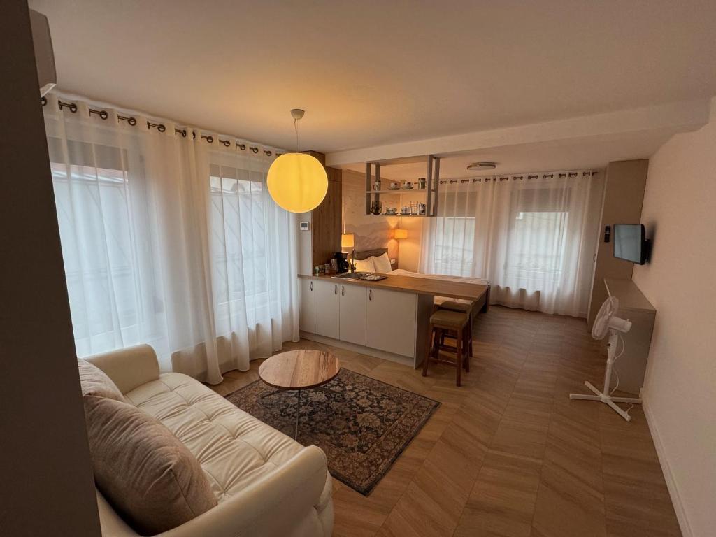 a living room with a couch and a table at Lucas 10 Apartments in Cluj-Napoca