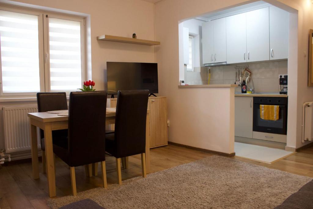 a kitchen and dining room with a table and chairs at Natasa apartment in Băile Tuşnad