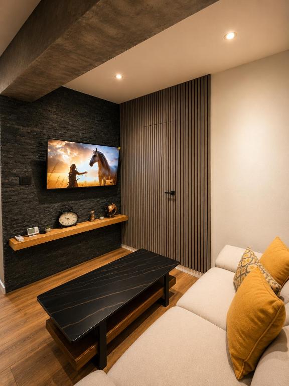 ein Wohnzimmer mit einer Couch und einem Fernseher an der Wand in der Unterkunft Apartman Evelissima Brčko in Brčko