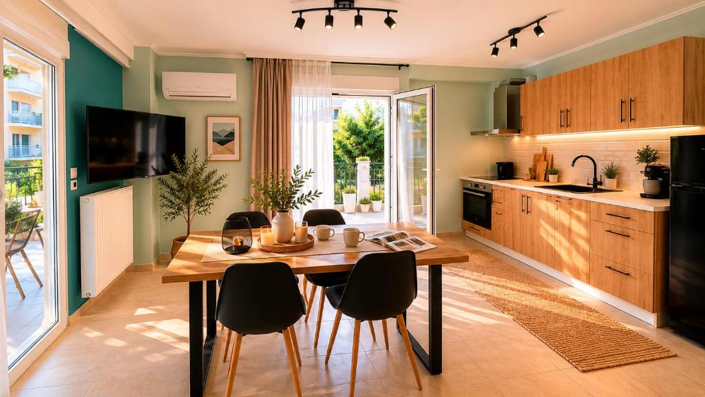 a kitchen with a wooden table and chairs in a kitchen at Odyssey Mare Steps from the Sea in Perea