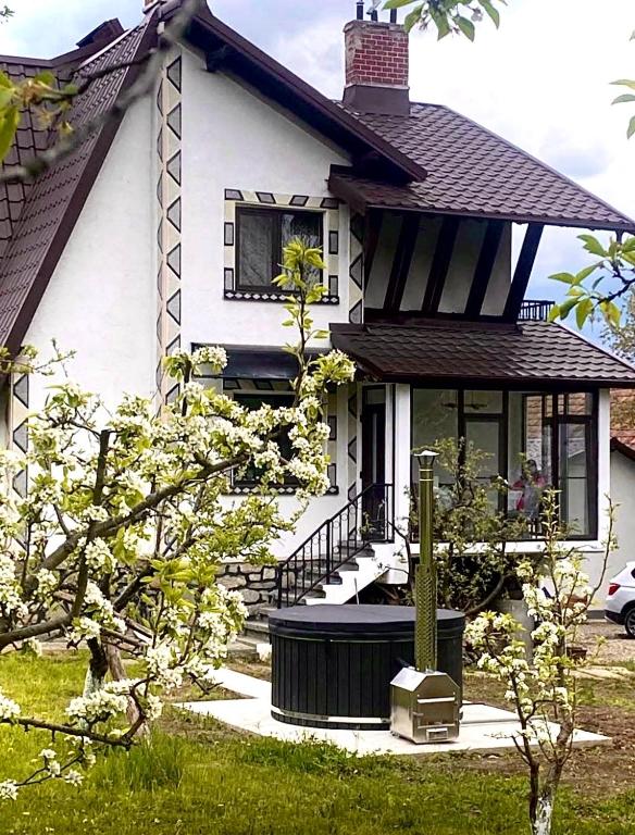 a white house with a porch and a window at Casa Rujoiu in Bertea