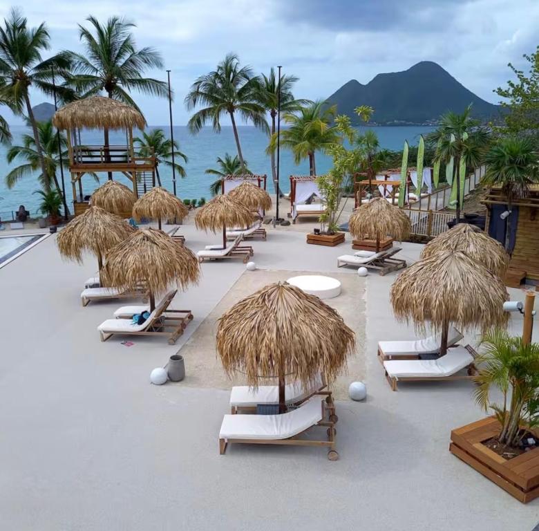 a group of chairs and straw umbrellas on a beach at Studio Calm Blue in Le Diamant