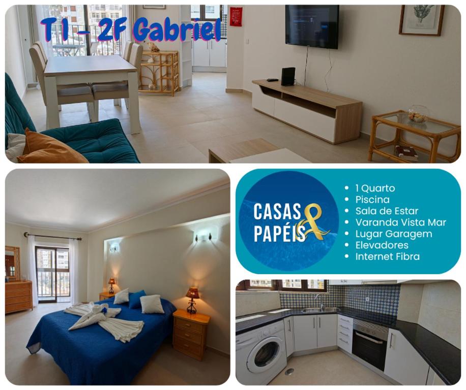 a collage of three pictures of a bedroom and a living room at 2F Sao Gabriel - Casas & Papeis in Armação de Pêra