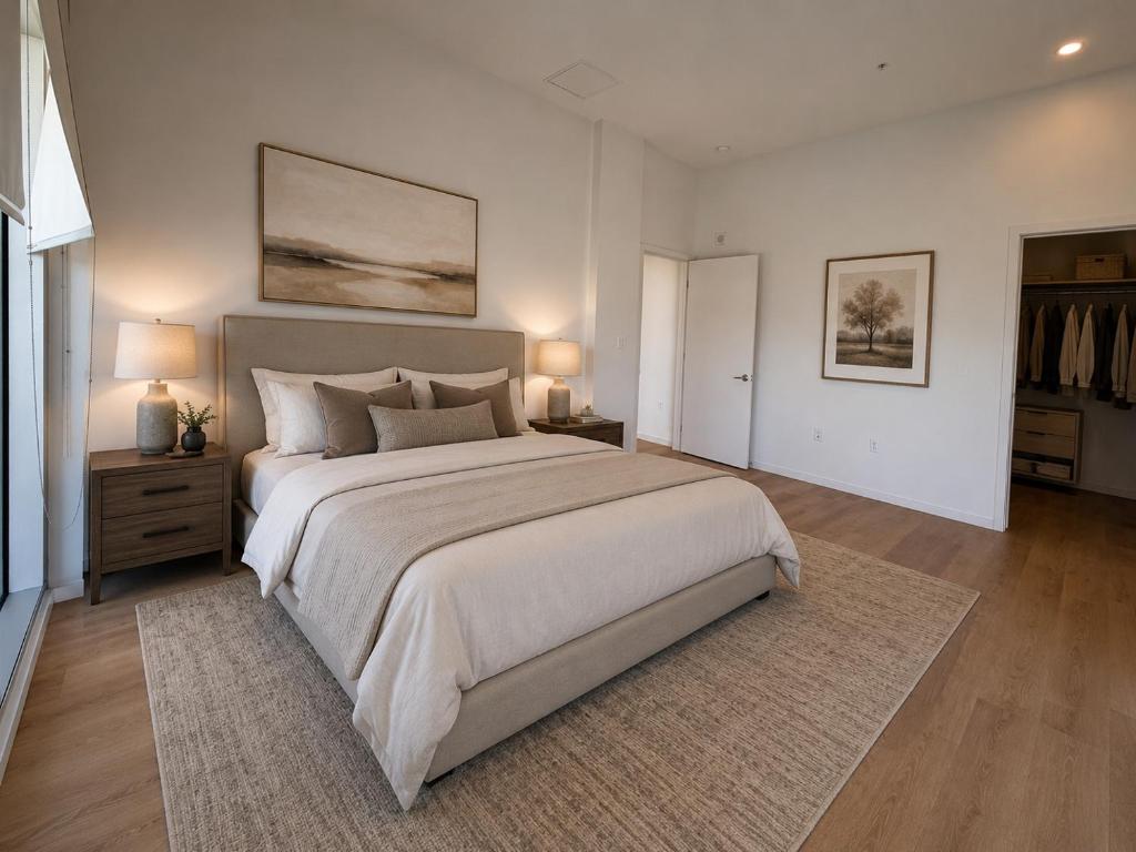 a large bedroom with a large bed and two lamps at Splendid Executive Suites in Long Beach