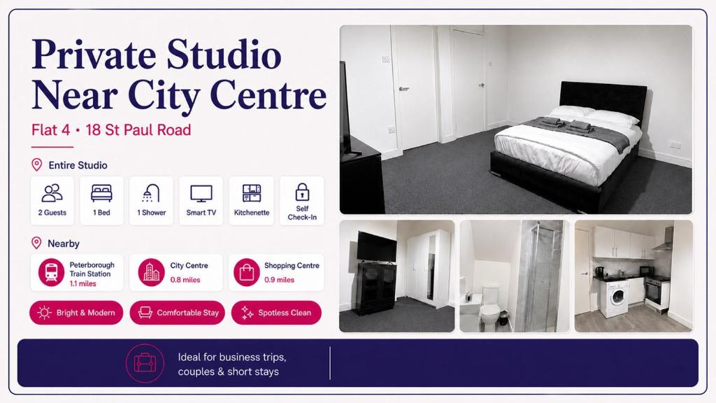 a flyer for a private studio nearcity centre with a bed at Private Flat Near City Centre in Peterborough