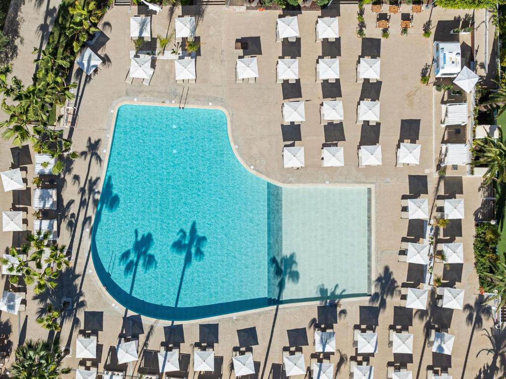 an overhead view of a swimming pool with lounge chairs and palm trees at INNSiDE by Meliá Alcudia in Port d'Alcudia