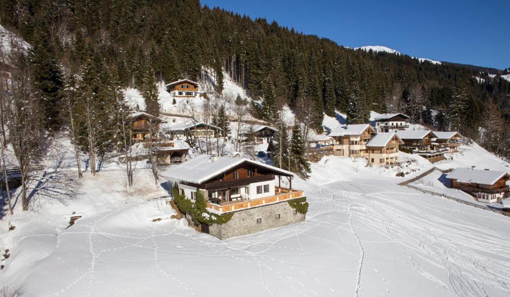 an aerial view of a ski lodge in the snow at Ferienhaus Oberlengau in Saalbach-Hinterglemm