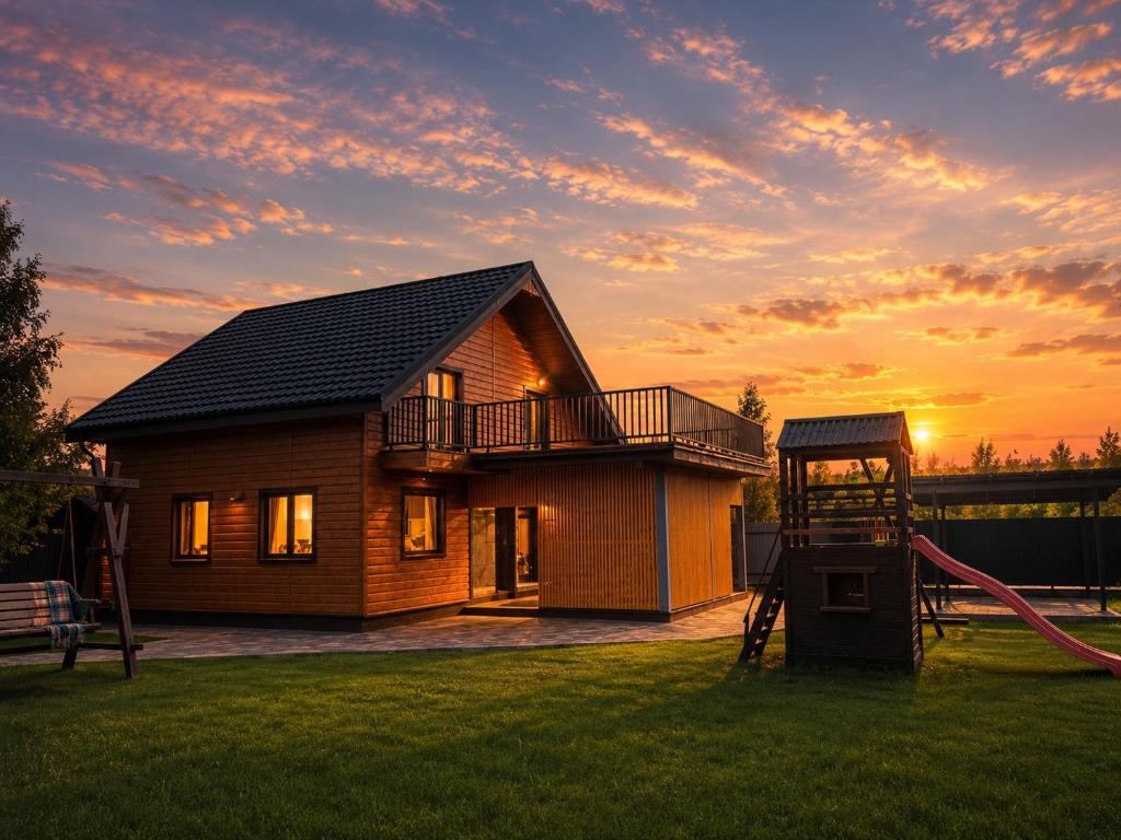 a small house with a playground in the yard at Pulmo Rest House in Pulʼmo