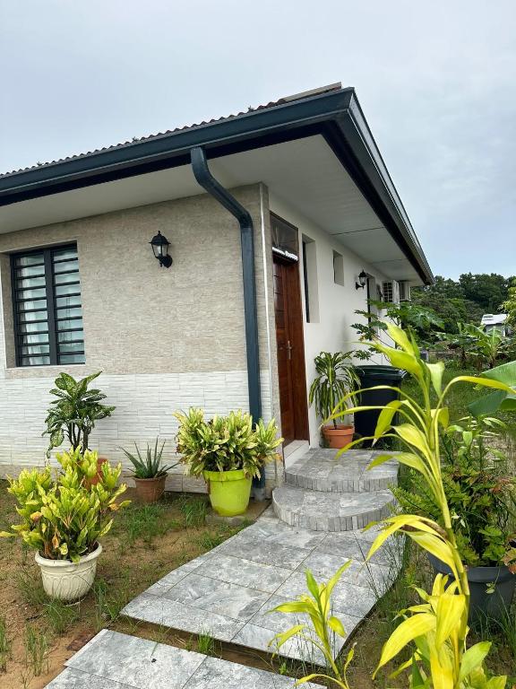 a house with a porch with plants in front of it at Heshima's Apartment for Business in Macouria