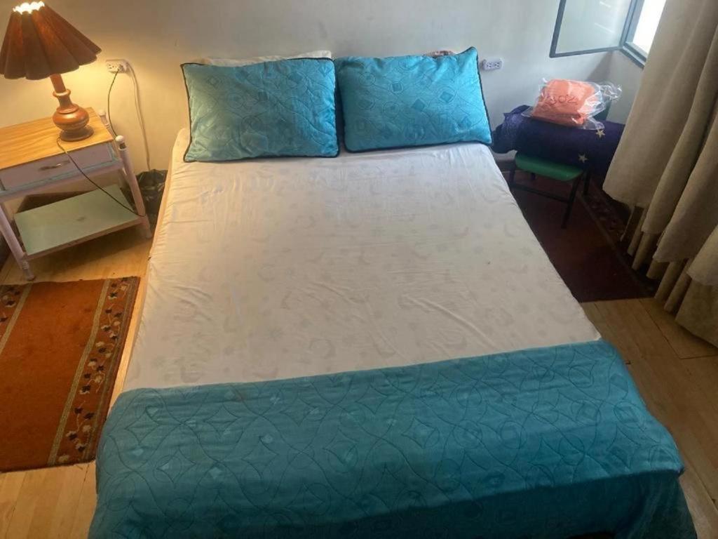 a large bed with blue pillows in a room at Luna habitaciones cama doble baño compartido parqueadero familiar o corporativos in Chía