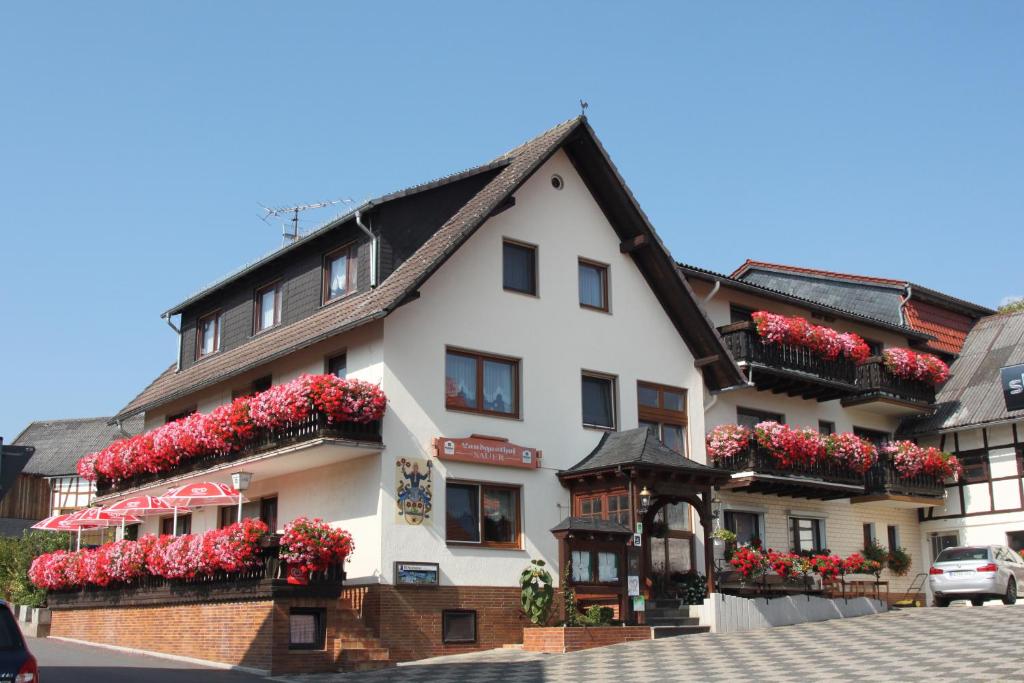 a white building with red flowers on the balconies at Landgasthof Hotel Sauer in Willingen