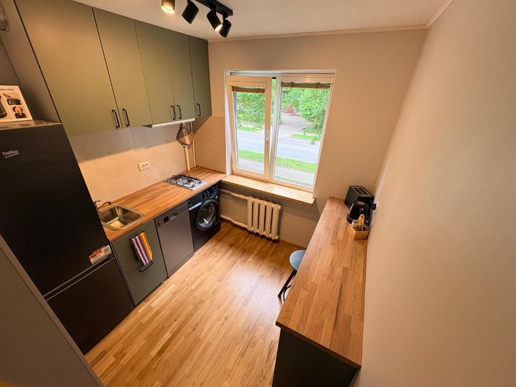 a small kitchen with a refrigerator and a window at Pine Apartment, Riga in Riga