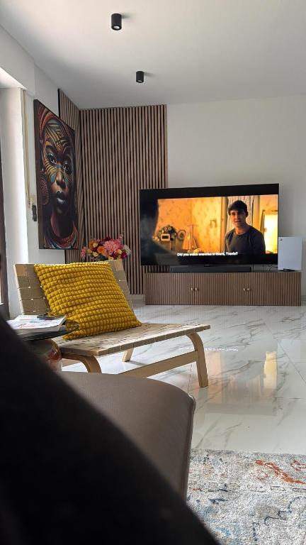 a living room with a large flat screen tv at A nice cozy romantic home in Bielefeld