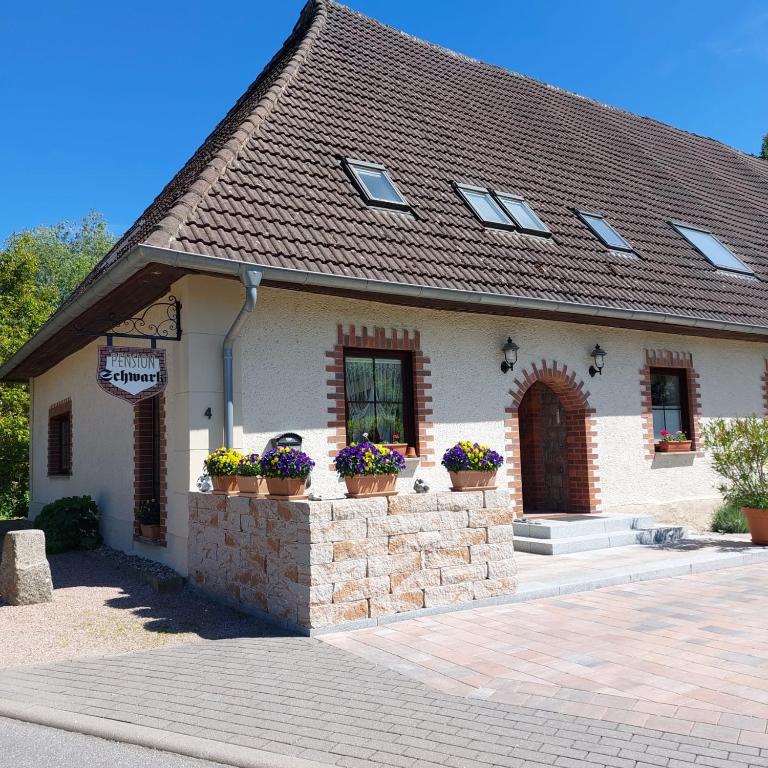 a house with flower pots on the front of it at Pension Schwark in Bad Doberan