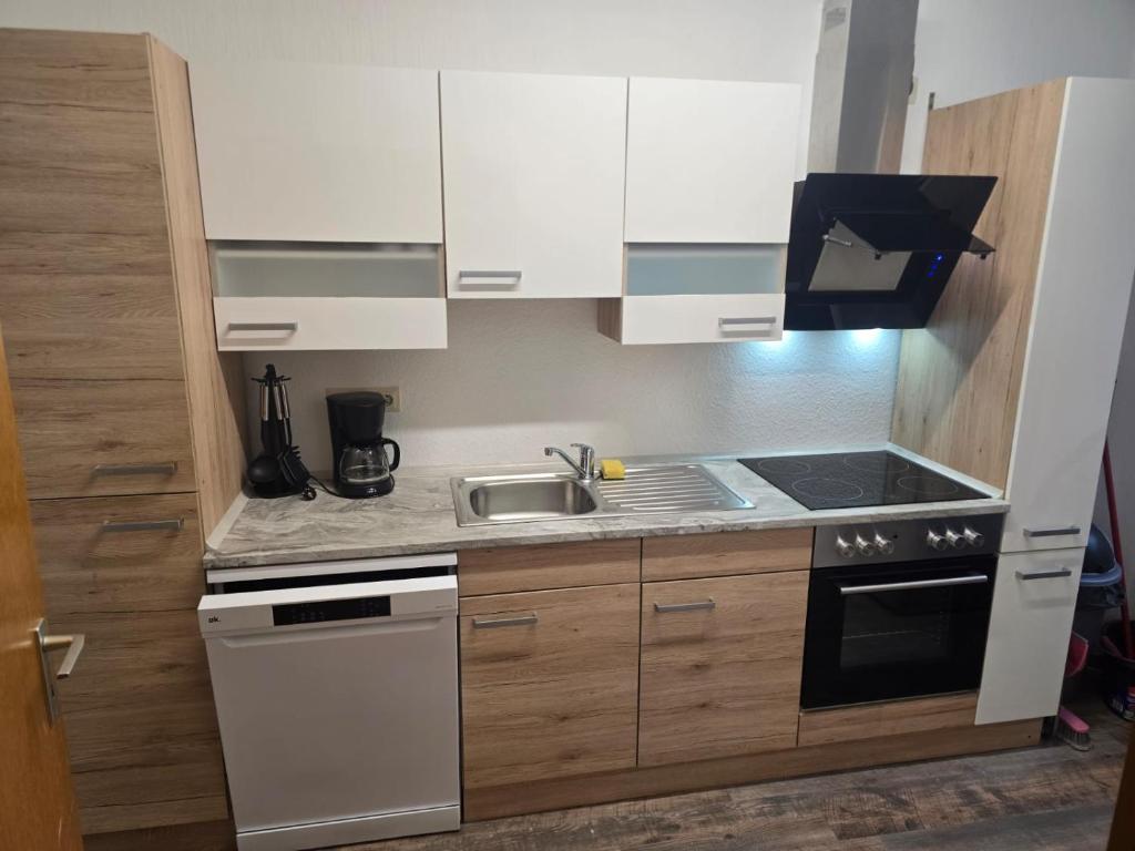 a small kitchen with white cabinets and a sink at Monteur-Apartment Kusel City in Kusel