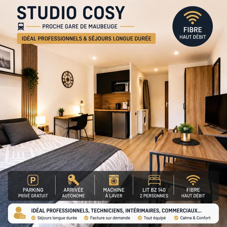 a poster of a hotel room with a bed and a kitchen at superbe studio meublé avec parking in Maubeuge