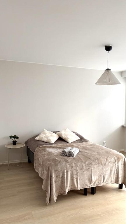 a white bedroom with a bed with two pillows at City Studio Kalliossa in Helsinki