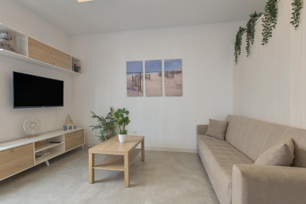 a living room with a couch and a tv at Modern Loft in Málaga in Málaga