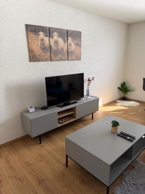 a living room with a tv and a table at Farmársky apartmán Agrofarma Dianiška in Tisovec
