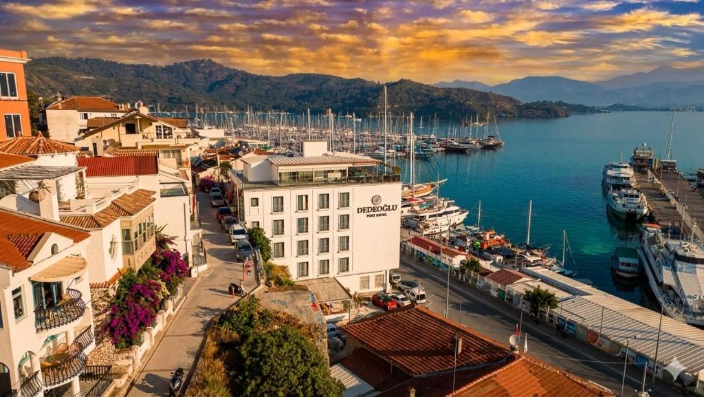 a view of a harbor with boats in the water at Dedeoğlu Port Hotel in Fethiye